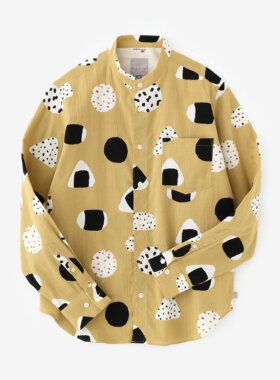 sousou日本代购Yousou男女长袖全棉高島縮立领经典印花衬衫飯糰