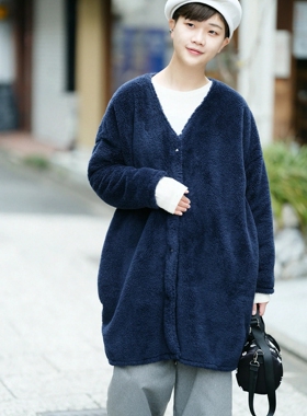 sousou代购日本Yousou女毛绒V领宽松单排扣双面仿羔毛长款外套青