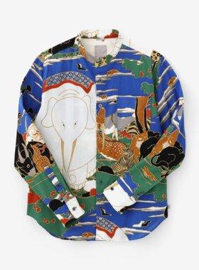 sousou日本代购Yousou男女长袖全棉高島縮立领经典印花衬衫鳥獸花