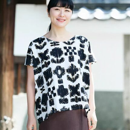 sousou代购日本京都女短袖宽松圆领上衣T恤高島縮全棉四角衣花雾