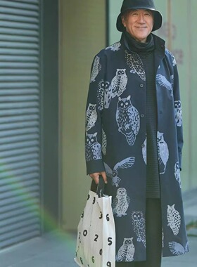 sousou代购Yousou日本京都男女立领修身长外套单排扣棉质猫头鹰蓝