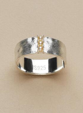 AHCHOO 静奢冷淡风925银微镶珍珠肌理戒指篙级感开口指环女可调节