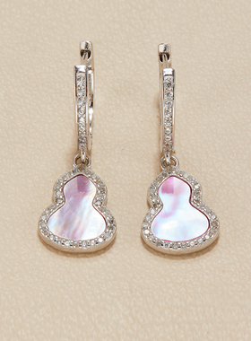 AHCHOO 静奢天然粉贝母葫芦耳环满镶锆石福禄耳圈S925纯银耳饰女