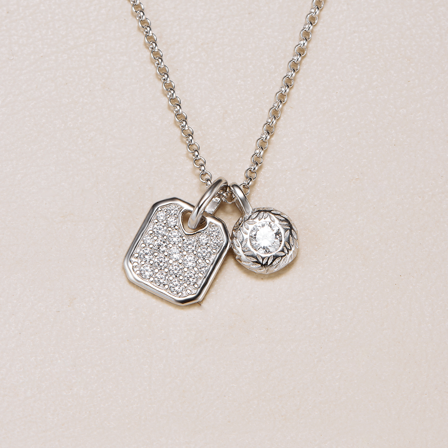 AHCHOO 静奢简约S925银手工满钻方圆符号牌吊坠项链锁骨链女礼物