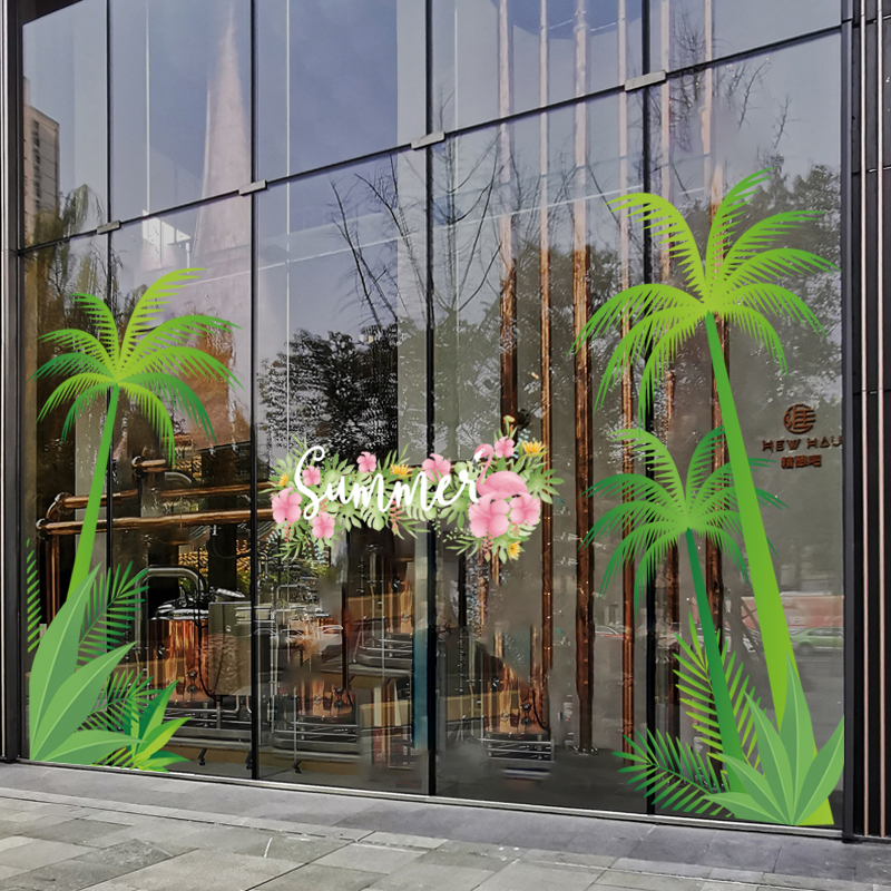 夏季天促销装饰绿叶椰子树商场店铺酒店橱窗布置透明静电贴膜纸
