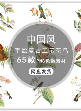 中国风工笔画牡丹梅花鹿孔雀鸟花卉花鸟PS设计装饰PNG免扣素材