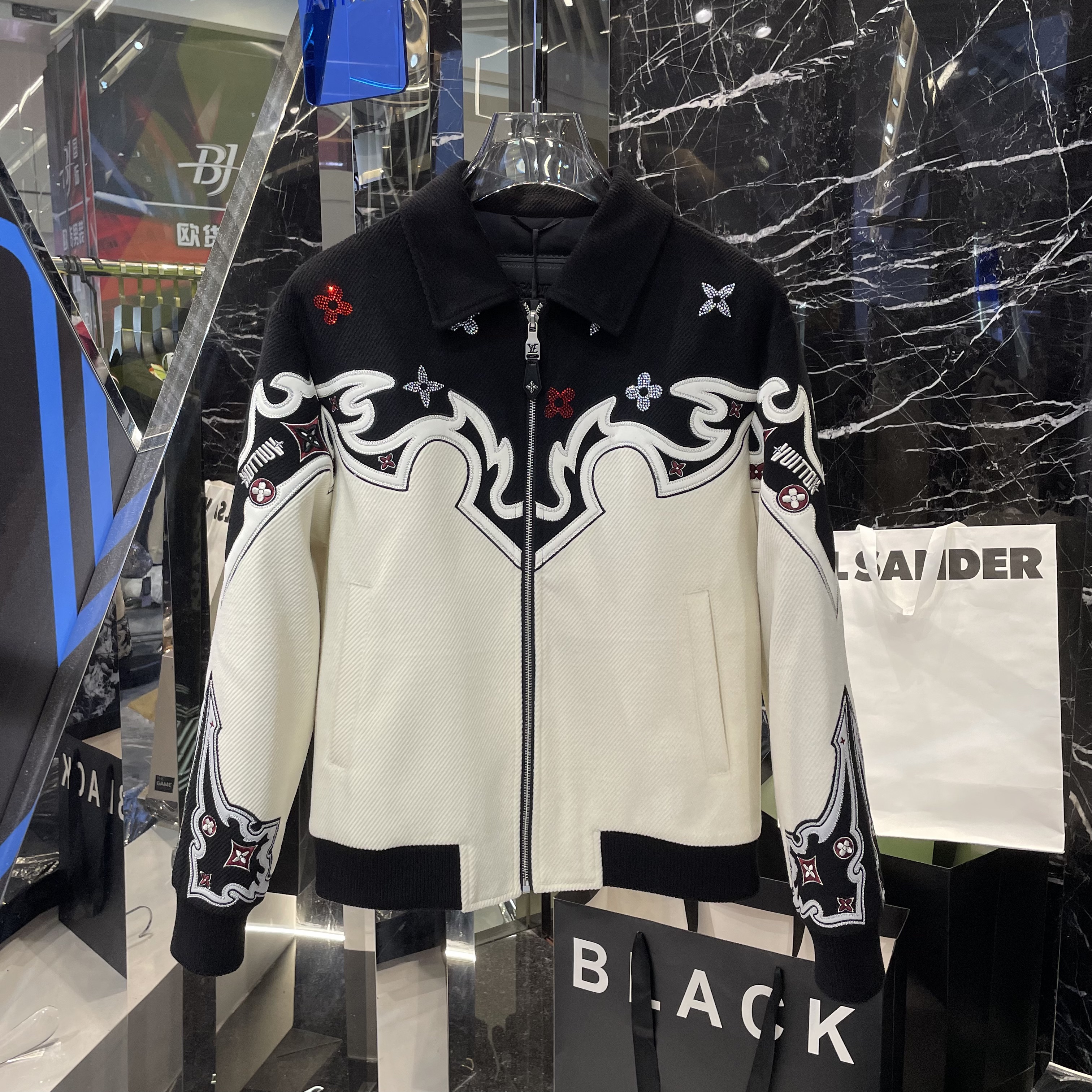 男夹克2025秋冬新款潮个性拼色重工烫钻休闲翻领修身加厚夹棉外套