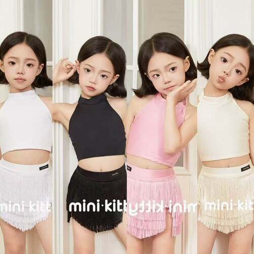 Kitty舞服少儿拉丁舞可爱挂脖分体流苏套装粉色上衣练习服女童款