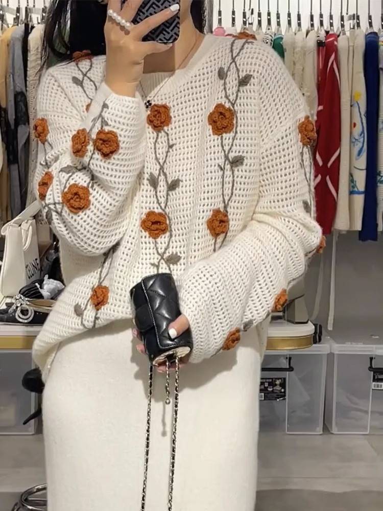 重工手绣玫瑰花秋冬圆领套头羊毛衫慵懒风上衣镂空毛衣针织