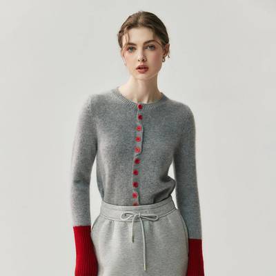 轻奢羊绒！秋冬款女士气质文艺百搭圆领袖口拼色羊绒开衫针织外套