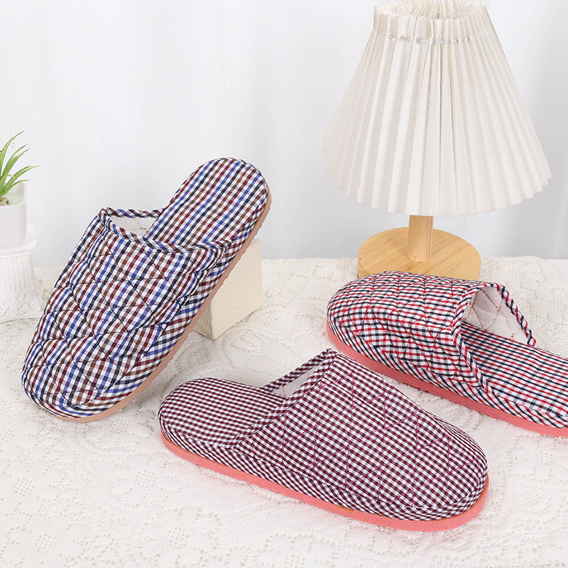 格子棉拖鞋包头简约居家春秋