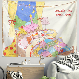 ins可爱童真插画晚安COCO酱背景布卧室床头装饰挂布萌趣少女挂布