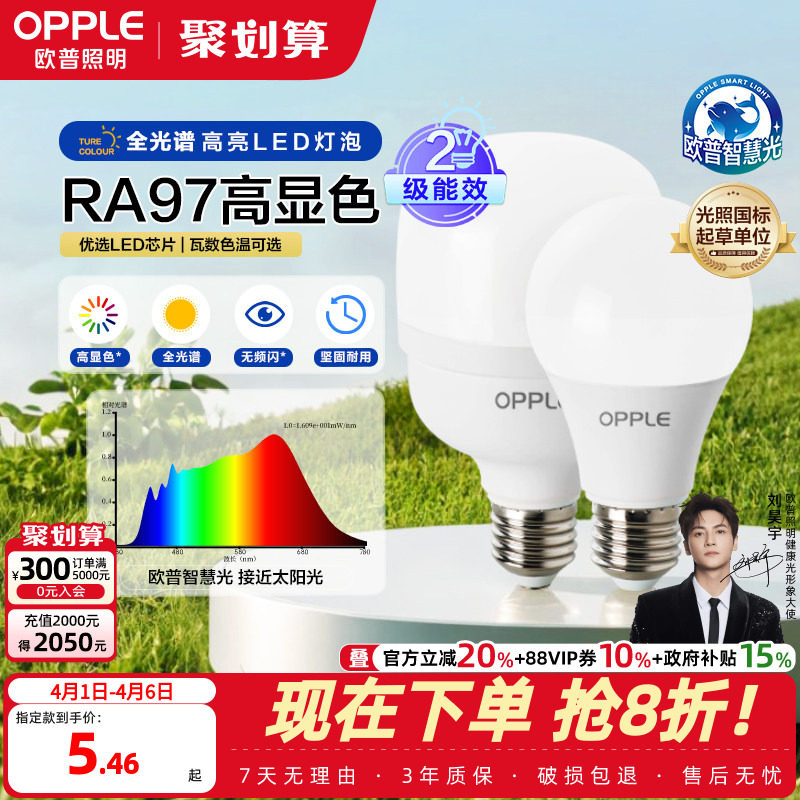 欧普led全光谱灯泡e27e14螺口球泡灯家用节能灯超亮白光暖光灯泡