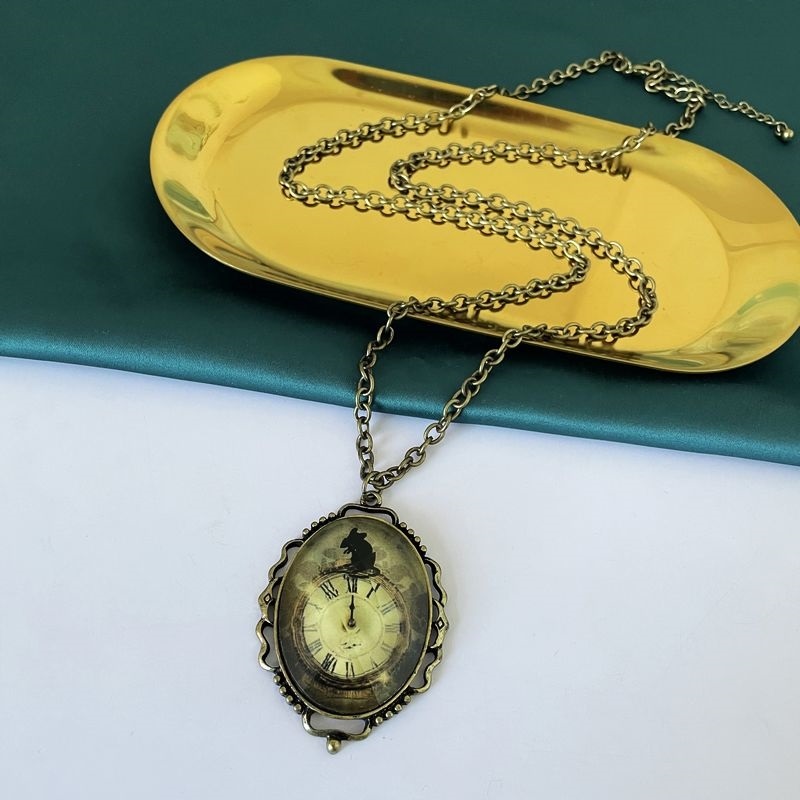 s21欧美原单首饰复古铜色中古老货金属表针图文长款项链女毛衣链