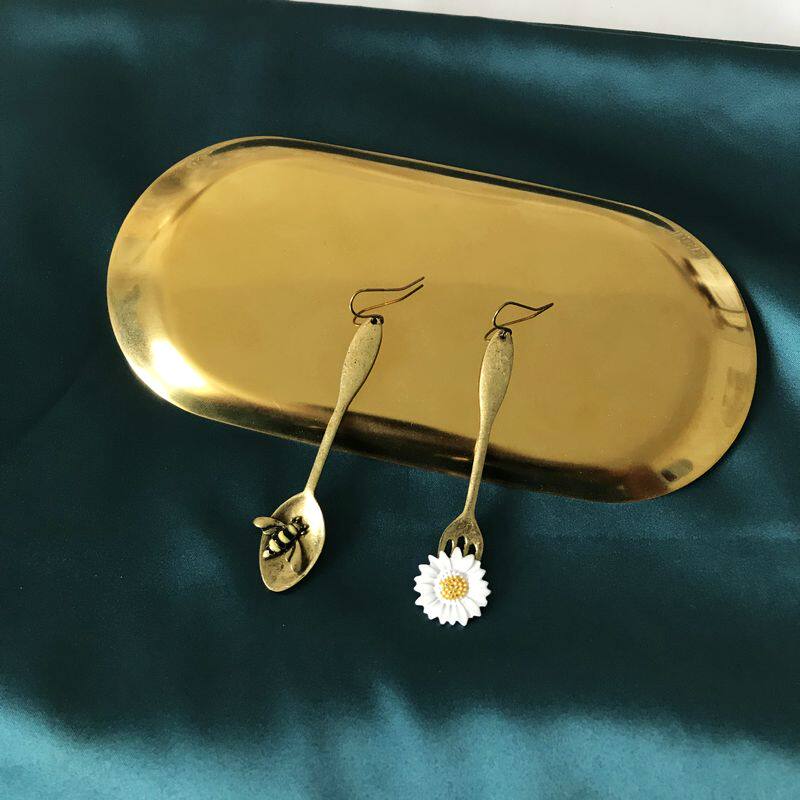 复古欧美长款显瘦耳饰餐具叉勺蜜蜂太阳花小邹菊个性小众设计耳环