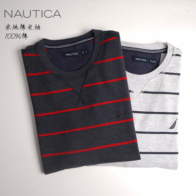 NAUTICA诺帝卡男秋冬纯棉打底衫条纹朱地棉圆领休闲T恤大码两色