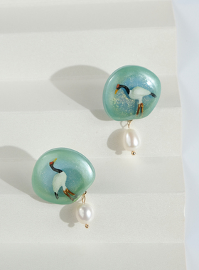 tickle原创纯手作国风新中式仙鹤耳环小众设计艺术感精致耳钉耳夹