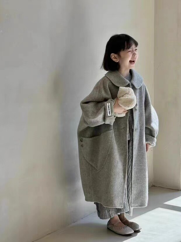 高端私人订制韩版灰色宽松秋冬女童双面羊绒大衣