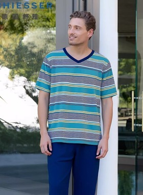 舒雅再生纤维男士睡衣25春夏新款条纹短袖长裤家居服套装24650H