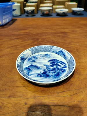 B幸山窑 青花 风景山水壶承盘 12.5*2.5厘米     No.X011