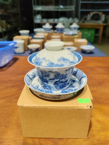 B幸山窑 青花 风景山水三才盖碗 10.5*8.5cm 容量160ml No.X015