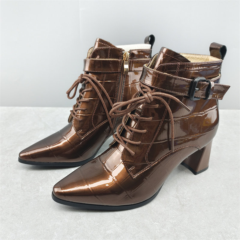 尖头短靴女2023年秋冬系带短筒靴子真皮时装靴粗跟高跟马丁靴百搭,女鞋,马丁靴,淘宝优惠券,粉丝福利购,淘宝优惠卷