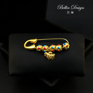 吉祥富贵福马彩珠胸饰新中式搭配毛衣别针固定扣平安挂件胸针5338