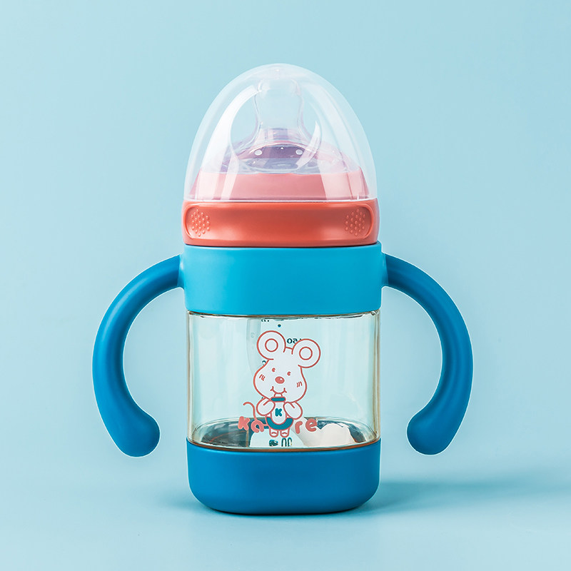 可儿ppsu带手把吸管扁奶嘴易吸防呛宇航员宽口径方形奶瓶300ml