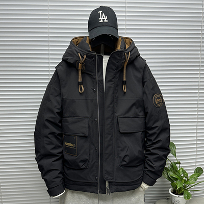 羽绒服男士秋冬季白鸭绒加厚连帽工装外套宽松复古轻薄短款派克服