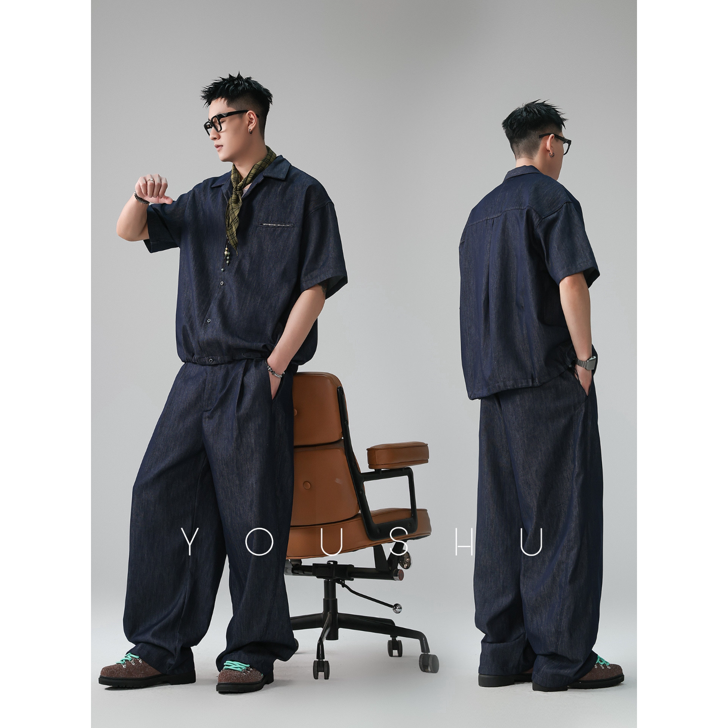 有术丹宁莱赛尔翻领短袖衬衫套装男2026夏季新款阔腿宽松长裤穿搭