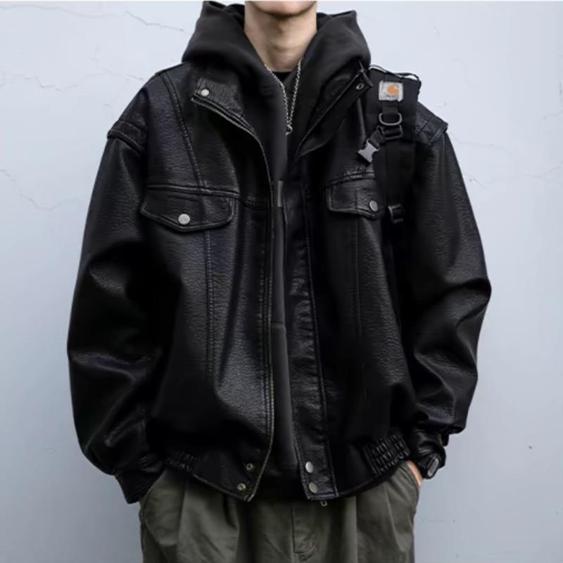美式复古荔枝纹皮衣外套男春秋新款痞帅机车服短款工装立领夹克潮