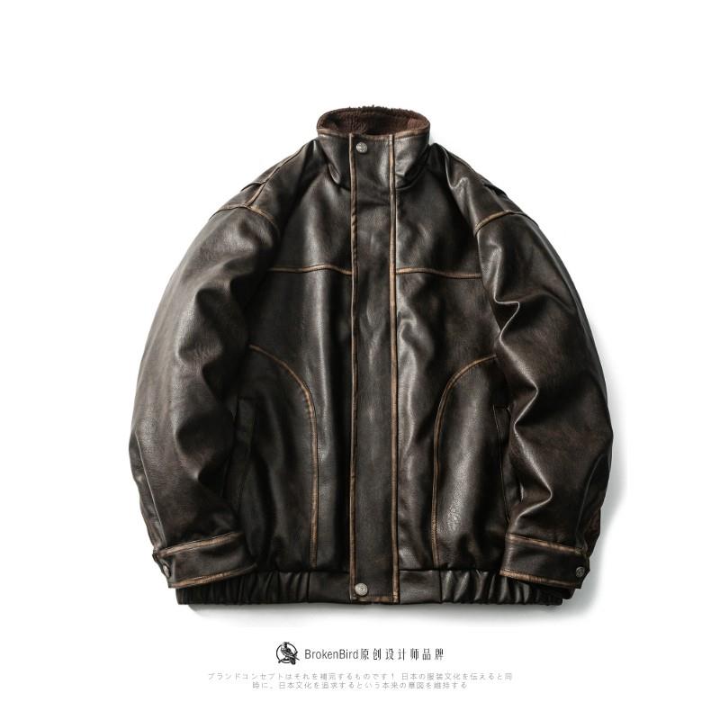 冬季复古擦色皮衣棉服男生高街宽松加厚保暖机车服棉衣痞帅厚外套