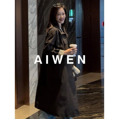 【AIWEN/艾芠】简约宽松中长款立领风衣女GEC-C60112