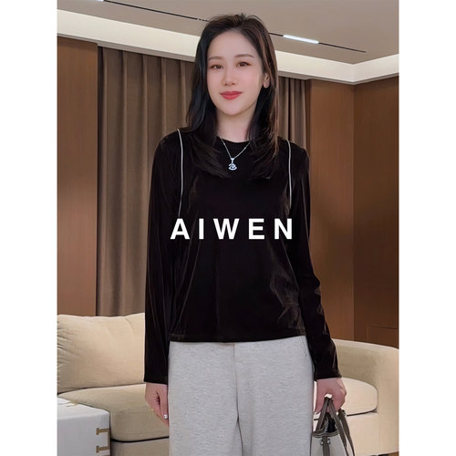 【AIWEN/艾芠】复古明线丝绒长袖T恤圆领修身打底衫WYJ-Q60635