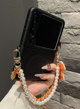 【带挂绳】侧扣磁吸荔枝皮纹黑色双链马上有钱适用华为puraX手机壳pocket2翻盖mixflip防摔Vflip女zflip7高级