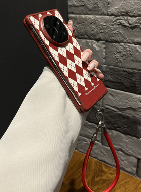 【带挂绳】复古风皮纹酒红底虚线菱格适用华为matex6手机壳折叠防摔两件套XT时尚mateX5/X3女款magicV3秋冬壳
