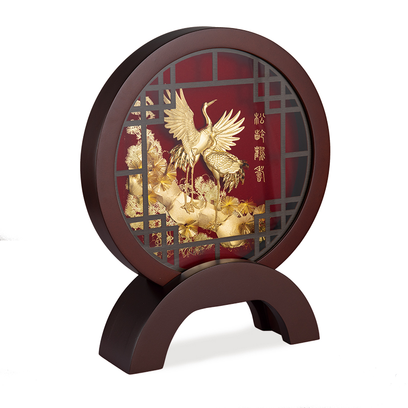 足金金箔画松龄鹤寿创意家居装饰工艺品摆件送长辈朋友同事祝福