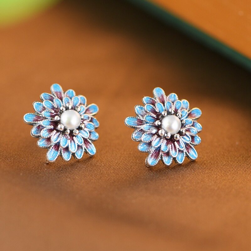 纯银耳钉s925银景泰蓝耳环文艺镶嵌淡水珍珠烧蓝花朵耳饰时尚女