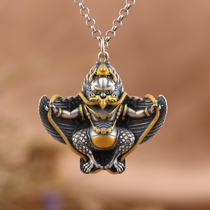 纯银吊坠s925银复古做旧文玩金翅大鹏鸟银翅膀民族风银饰项坠男女