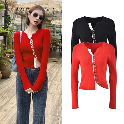 HEART2025秋冬新款不对称设计感重工纽扣装饰修身短款针织开衫