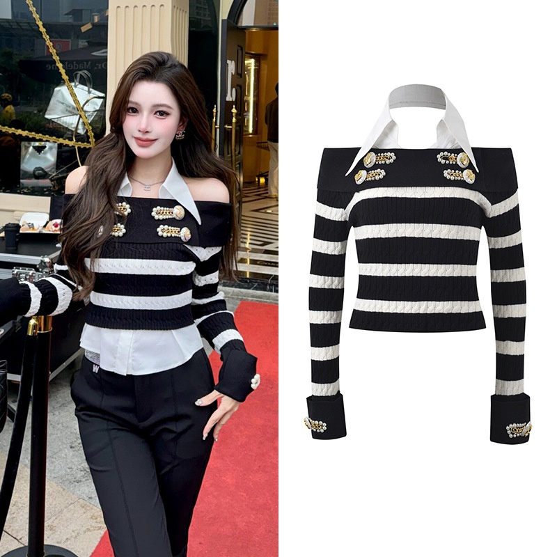 HEART设计感重工钉珠黑白条纹一字肩针织衬衫领两件套修身上衣