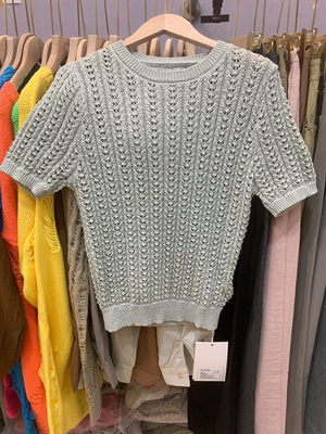 WEARELAB韩系圆领镂空微透短袖针织衫气质休闲宽松百搭上衣女