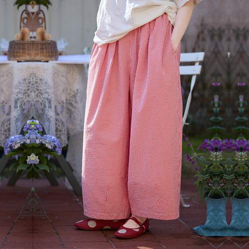 夏季红格子宽松肌理纯棉萝卜裤