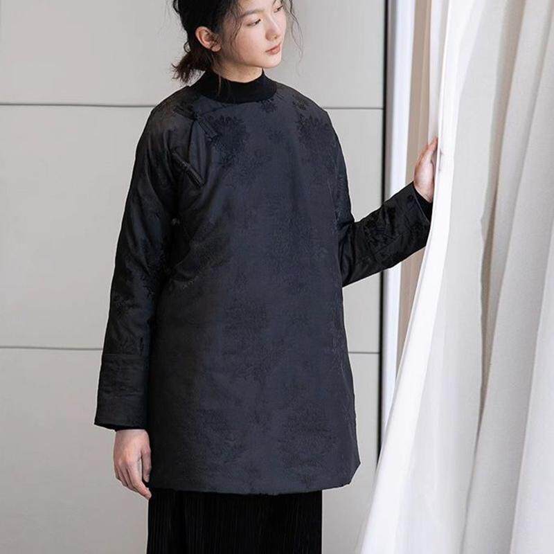 冬款人丝提花棉服新中式斜襟改良旗袍棉衣复古立领中长宽松女棉衣