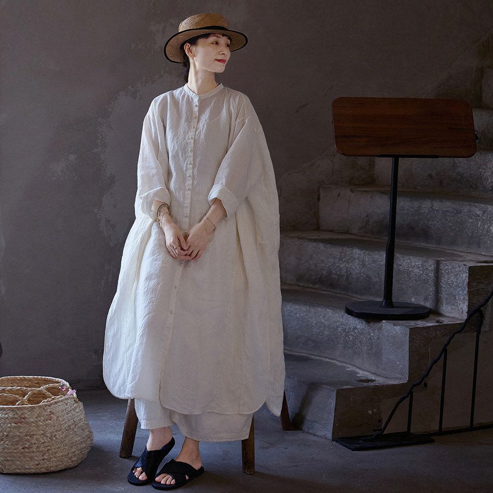 文艺复古东方白色亚麻连衣裙仙气长款衬衫裙女宽松禅意中式长袍子