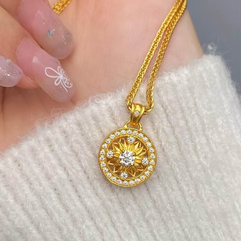 满钻太阳花圆盘吊坠八宝罗盘项链女玫瑰花窗沙金仿真黄金色镂空