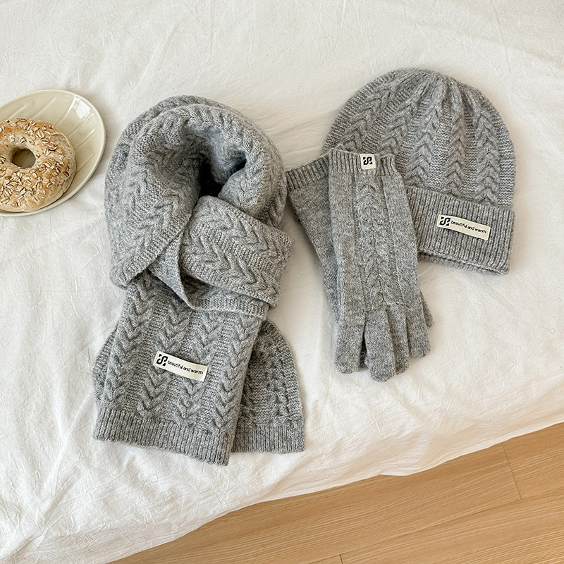 八字麻花三件套针织围巾手套帽子男女冬季保暖加厚百搭针织套装