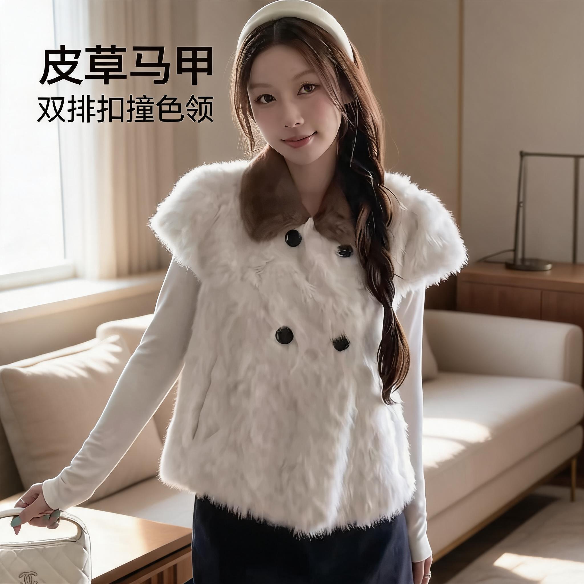 仿皮草马甲女秋冬新款双排扣翻领毛毛绒坎肩外套短款保暖无袖马夹