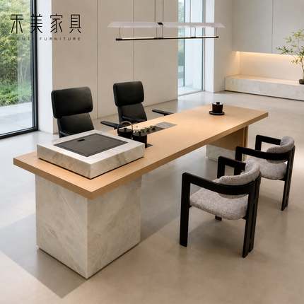 现代简约北美黑胡桃岩板岛台茶桌轻奢带水槽大板桌茶台办公室别墅