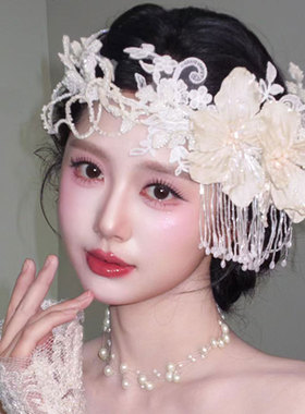 重工串珠流苏花朵发饰法式复古发箍结婚拍照婚纱礼服新娘头饰配饰